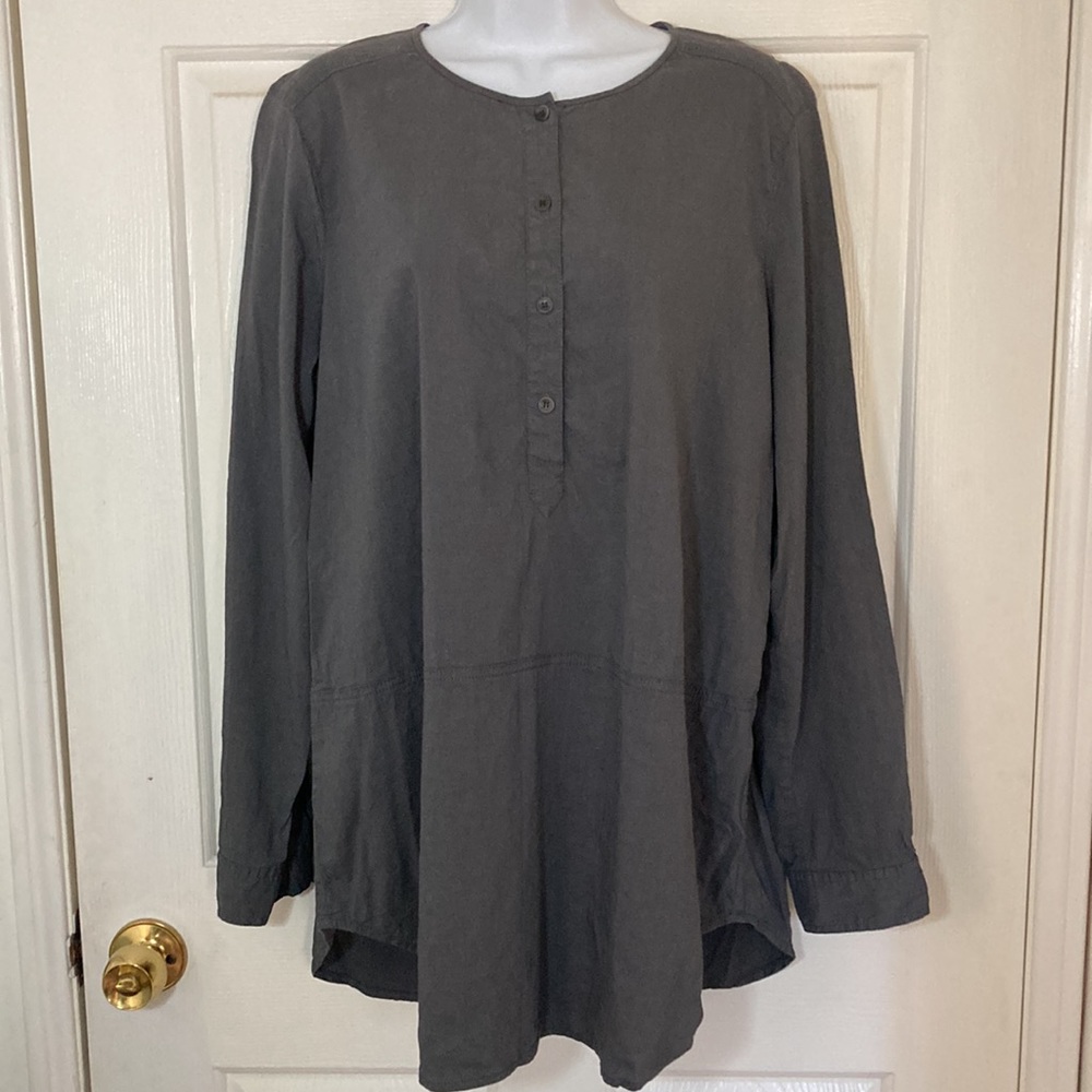 Eileen Fisher Gray Henley Tunic Top Blouse Shirt Linen Viscose Spandex Large